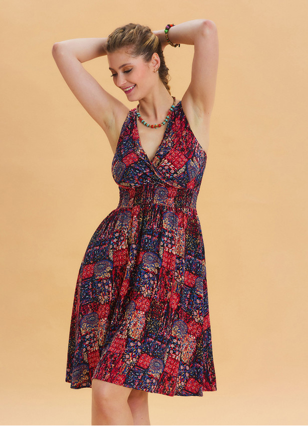V Neck Robe Red Patterned Ethnic Dress 4515